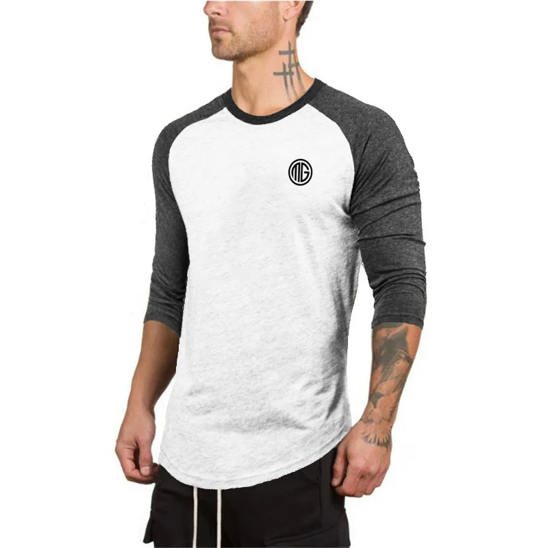 

Autumn Three Quarter Sleeve Running T-shirts Mens Spring Cotton Patchwork Silm Fit Fitness T Shirt Sports Tshirt Gym Clothing