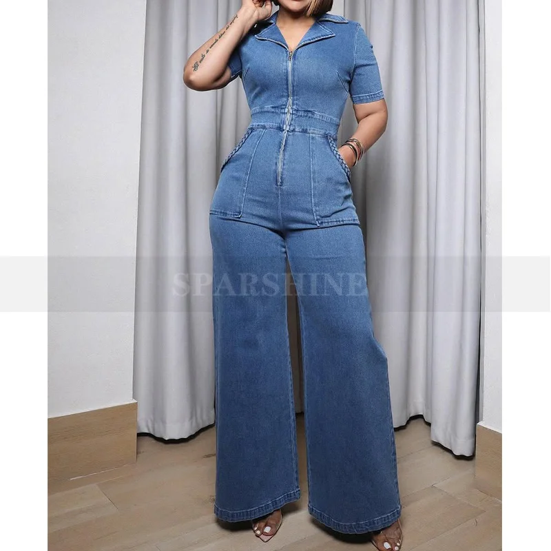 

Women's Short Sleeved Loose Denim Jumpsuits Streetwear Full Length Straight Pants Washed Blue Wide Leg Jeans Denim Trousers