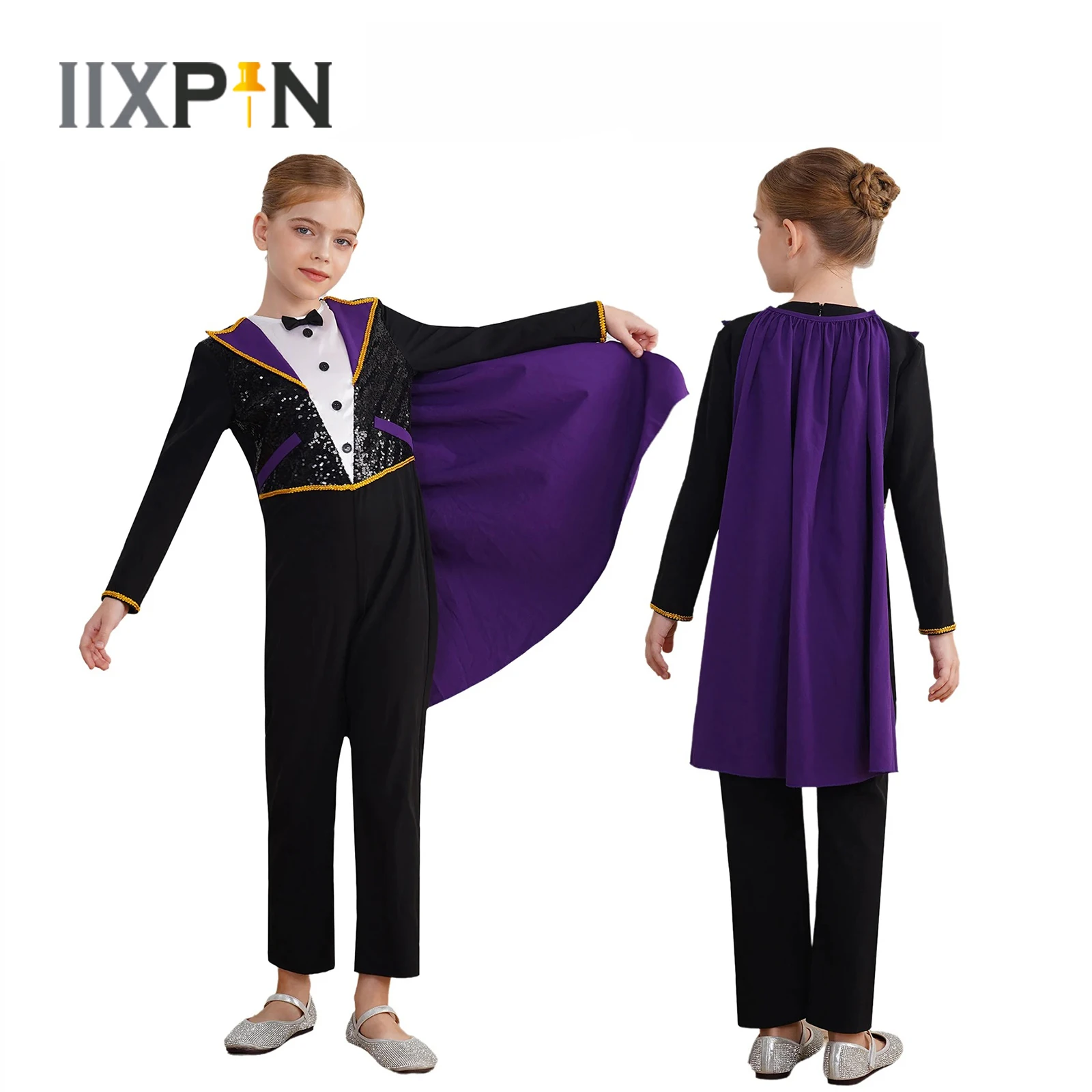 

Kids Unisex Halloween Circus Ringmaster Magician Cosplay Tailcoat Long Sleeve Sequins Bowtie Bodysuit with Cape Carnival Costume