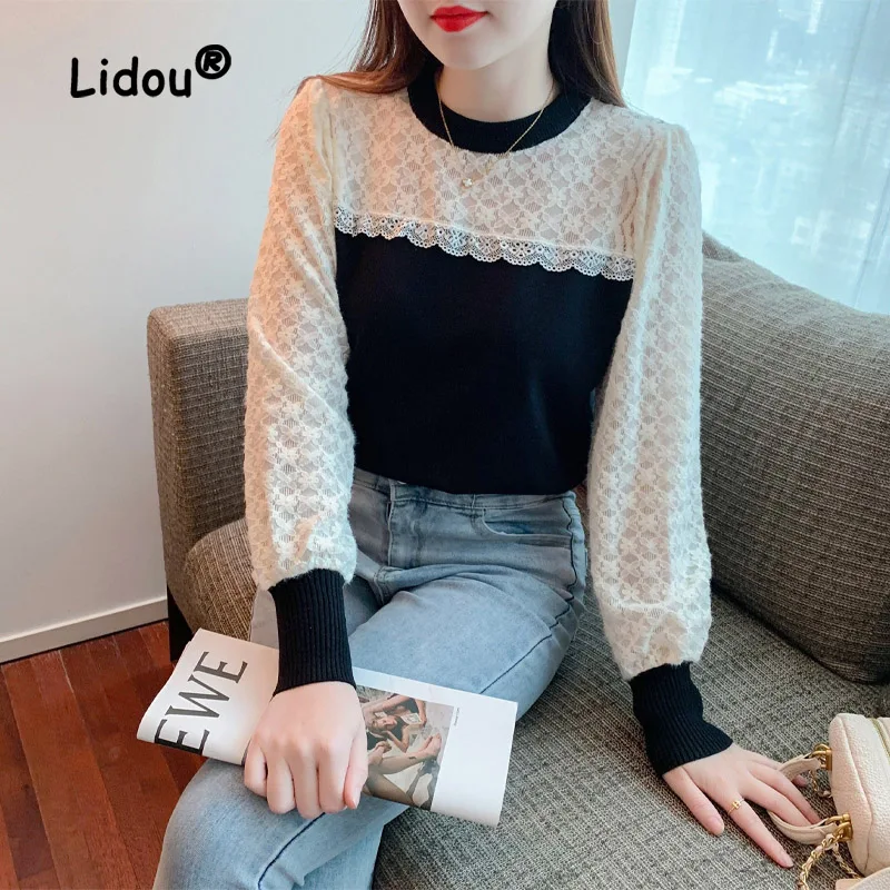 Fashion Patchwork Lace T-shirt Women New High-quality Long Sleeve Slim O-collar All-match Pullover Lady Comfortable Top 2023