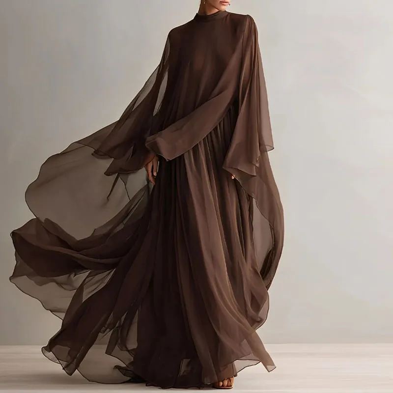 Boho 2‑Piece Matching Set Women O Neck Wide Cape Sleeve Sheer Top & Pleated Long Skirt Outfit Guest Solid Party Prom Skirt Suits view 6