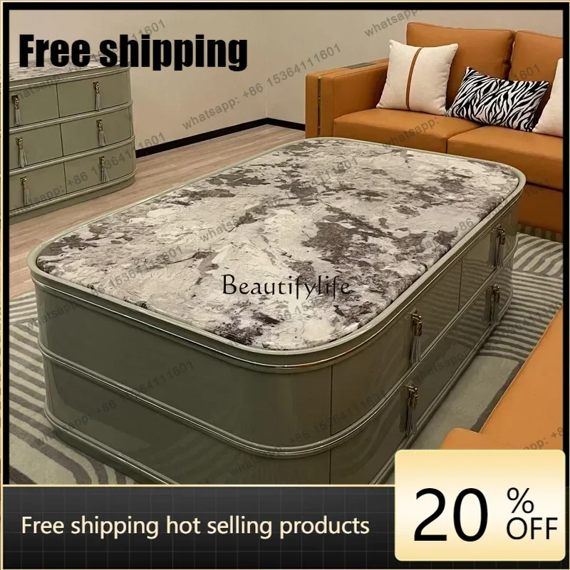 HJ Italian Light Luxury Marble Surface Coffee Table Hong Kong Style Simple High-end Living Room Solid Wood Tea