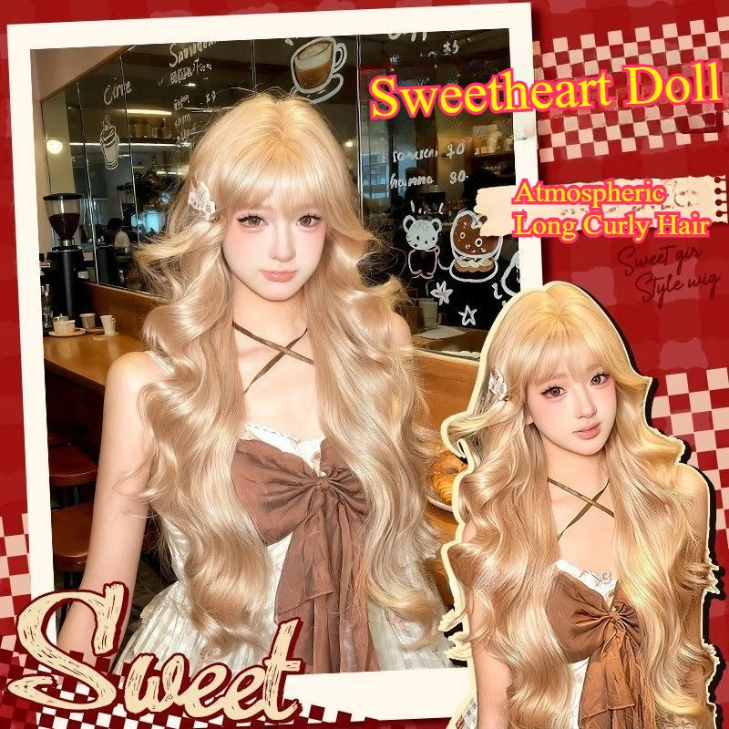 شعر مستعار أشقر دمية على شكل قلب 26 بوصة شعر مستعار طويل مموج للنساء شعر مستعار لوليتا لطيف درجة حرارة عالية ألياف بيروكات صناعية