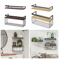 Wooden+Metal Bathroom Wall Mounted Shelf With Storage Basket Large Capacity Floating Hanging Rack Strong Load-bearing Capacity