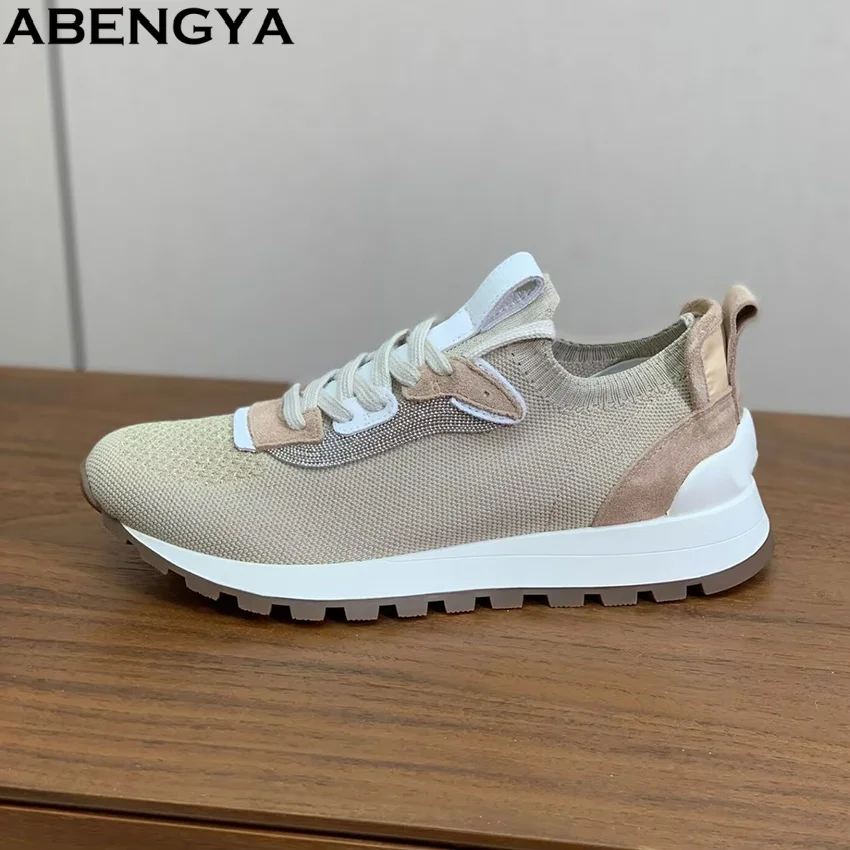 New Spring Knitted Casual Sneakers Woman Lace Up Platform Shoes For Woman Round Toe String Bead Flat Women's Walk Shoes 2026