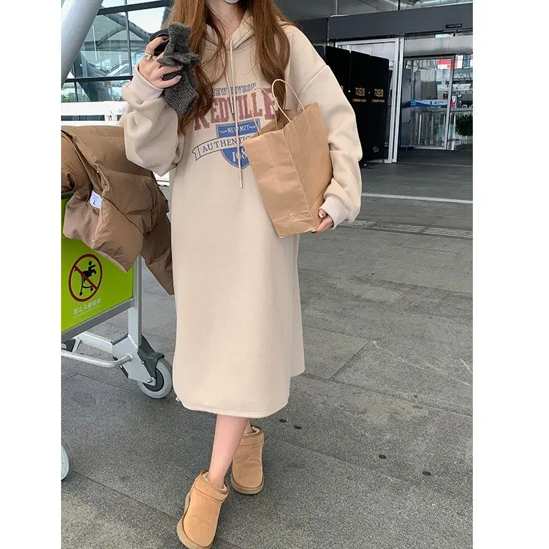 Autumn Winter Women Fleece Thicken Hooded Dress Print Letter Drawstring Korean Fashion Loose Midi Side Slit Oversized Dresses