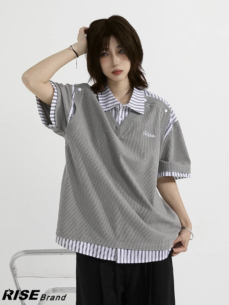

Футболка Rise Brand ex Striped Patchwork с коротким рукавом, классическим воротником, имитация двухслойности, повседневная, из дышащей хлопковой смеси, летний топ