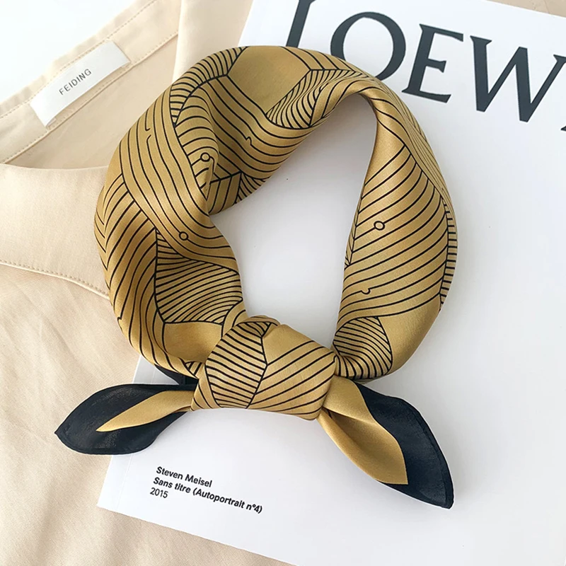 1pcs 70cm Striped Geometric Pattern Silk Scarf for Women Imitation Silk Fresh and Versatile Headwear Clothing Square Scarf