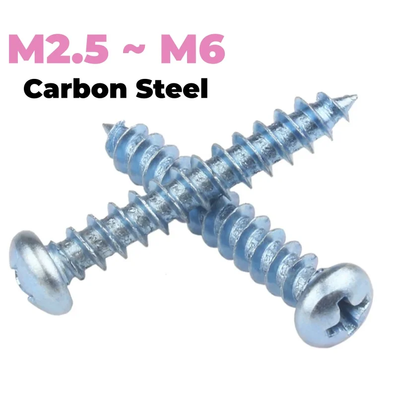 Blue Zinc Carbon Steel M2.5 M3 M4 M5 M6 Cross Pan Round Head Self Tapping Wood Screw Length 6~60 mm