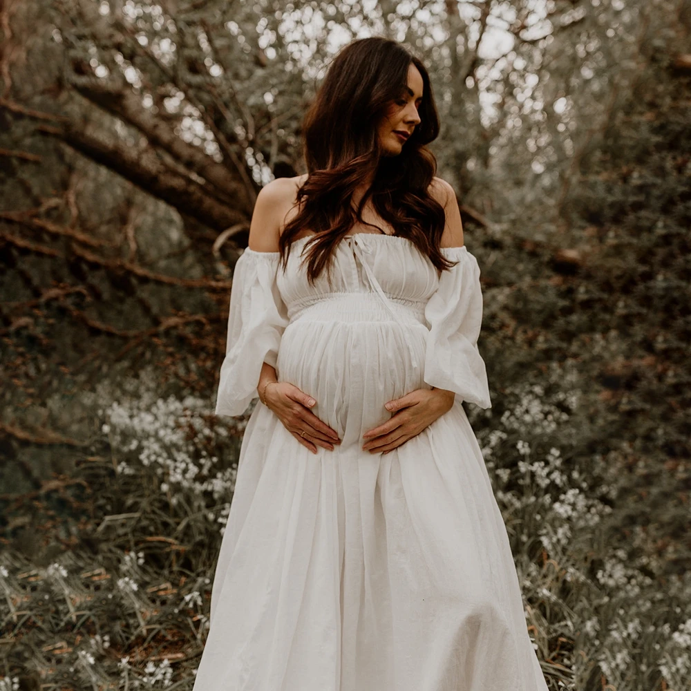 Boho Chiffon Maternity Photography Dresses Off Shoulder Pregnancy Dress White Puff Sleeve Photo Shoot Outfits Beach Gown - view 3