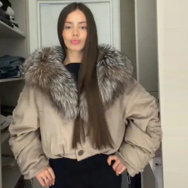 Y2k Women Oversized Cropped Bomber Jacket Big Faux Fox Fur Collar Button Down Loose Long Sleeve Warm Cozy Casual Streetwear Coat