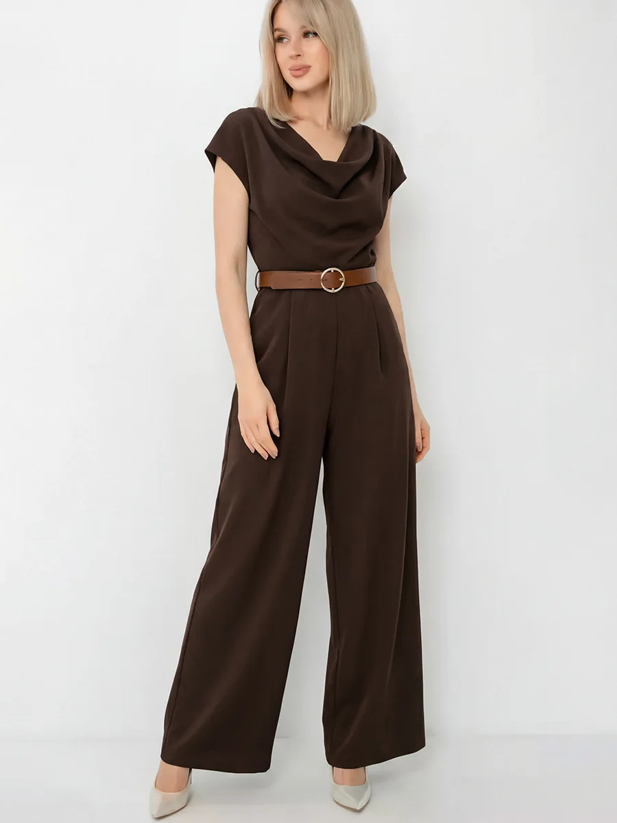 Women's suit elegant satin jumpsuit with a turtleneck and wide legs for women