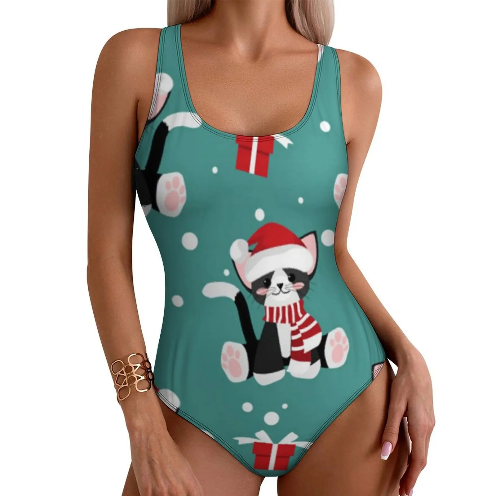 Cute Christmas Cat Swimsuit Sexy Animal Print Woman Swimwear One-Piece Stylish Bodysuit Sport Push Up Cut Out Bathing Suits