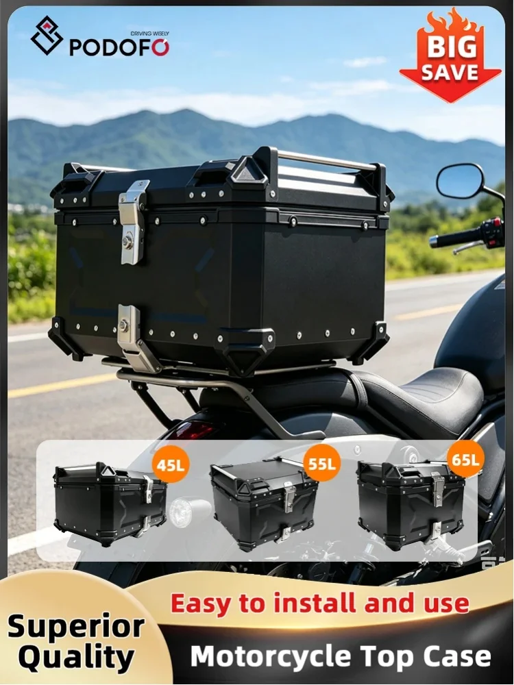Podofo 45L/55L/65L Kufer Motocyklowy Aluminiowy Bagażnik Tylny Wodoodporny Skrzynia do Przechowywania z Podwójnymi Zamkami Uniwersalna Podstawa Montażowa — 2