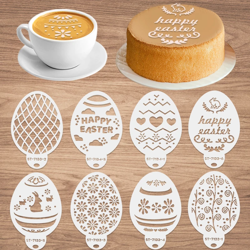 8Pcs Easter Egg Cake Stencil Mold Coffee Spray DIY Cookie Fondant Cupcake Mold Cake Decorating Tools Bakeware Easter Party Decor