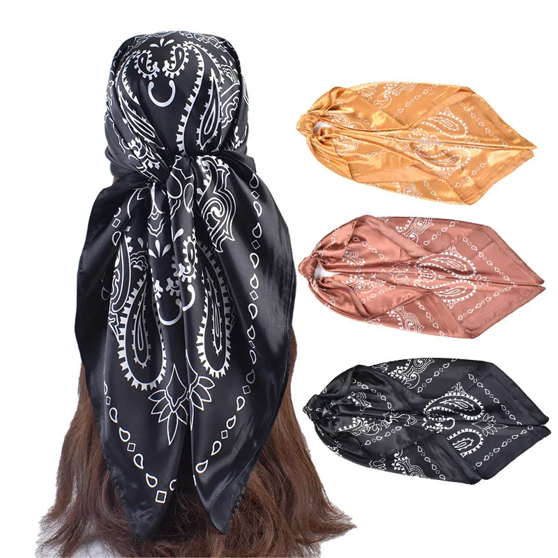 

90cm Floral Print Silk Square Scarf Women Soft Satin Kerchief Hairband Neckerchief Head Hijab Lady Headband Foulard Bag Ribbon