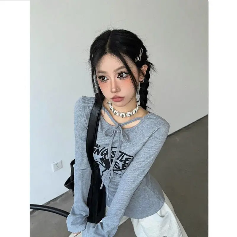 Punk Spider Print Women Long Sleeve Drawstring T Shirts Fall Winter Slim Fit Fashion Sweet Sexy Basics Tops Tee Halloween Party