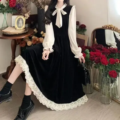 Spring Autumn Bow Lace Up Dress Thinning Splicing Color Style High Waist Long Vestidos French Retro Temperament Velvet Dresses