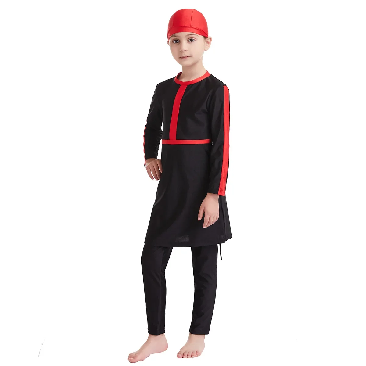 Costumi da bagno musulmani per ragazze Bambini islamici Tre pezzi a maniche lunghe Solido Copertura completa Conservatore Hijab Burkini Costume da bagno con pantaloni