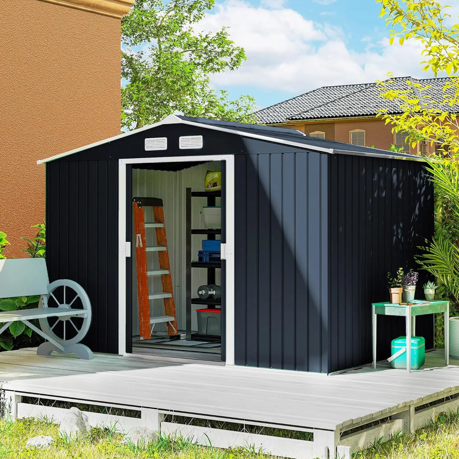 

9x6 Metal Outdoor Storage Shed Double Lockable Doors Air Vents Sloping Roof Foundation Kit Backyard Patio Lawn, Customized