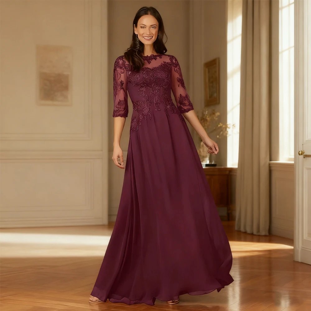 فساتين أم العروس نصف كم مع دانتيل شيفون فساتين حفلات الزفاف للنساء طول الأرض رداء De Soirée جديد 2025