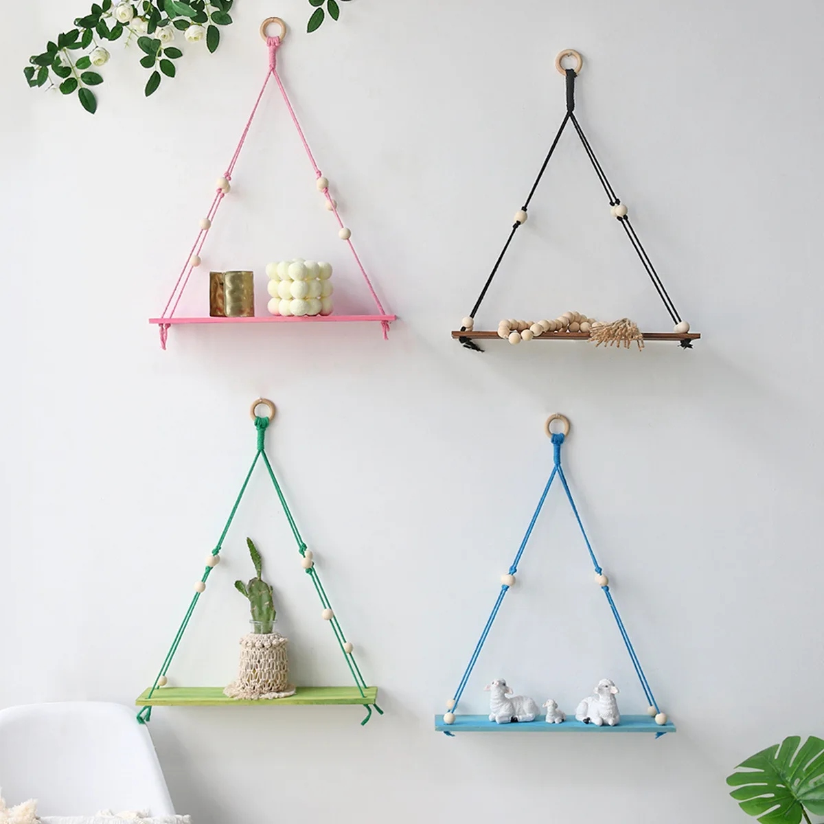 Wooden Shelf Macrame Wall Shelves Boho Home Decor Corner Shelf Living Room Flower Pot Stand Storage Organizer Nursery Decor