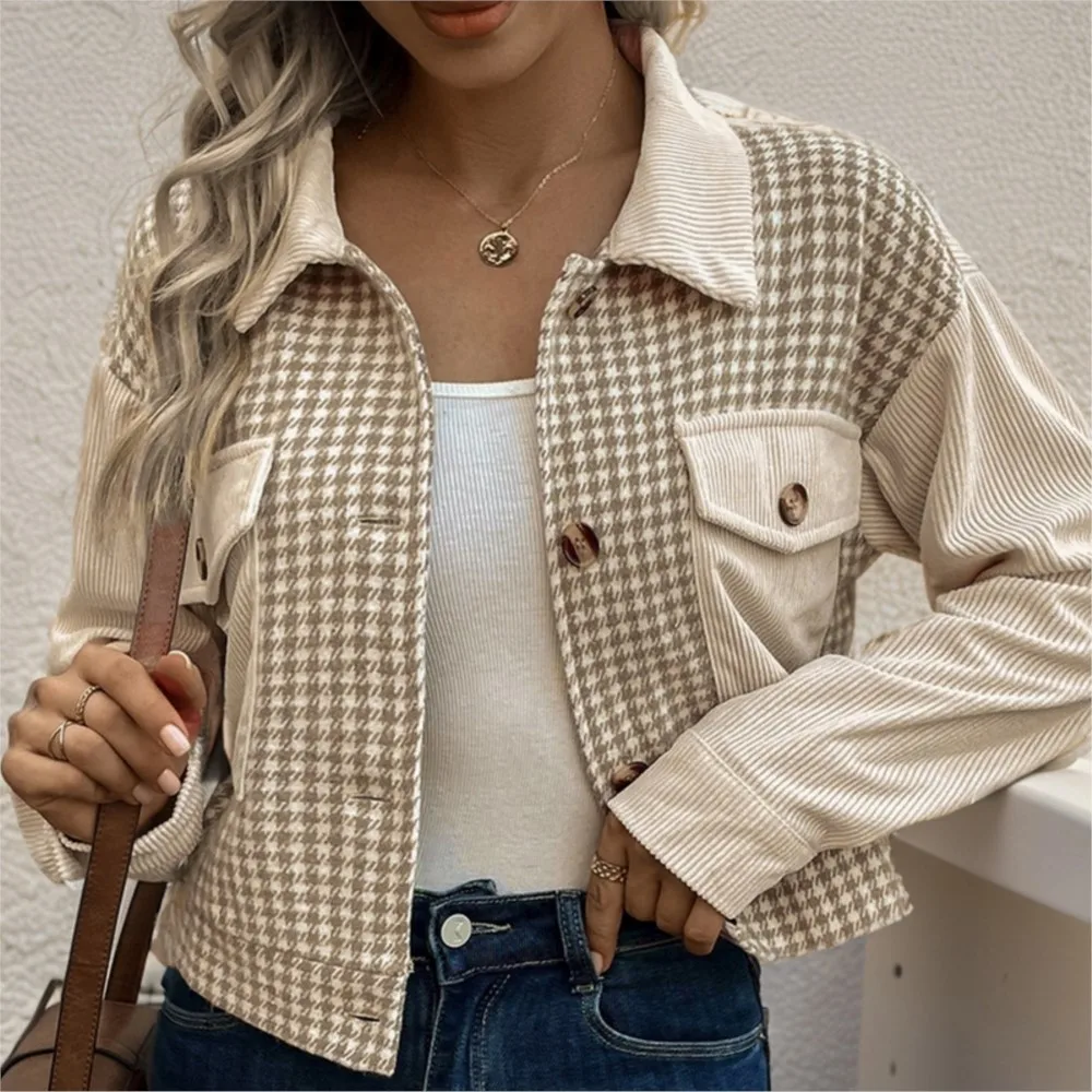 Women's Jacket Casual Retro Lapel Corduroy Patchwork Houndstooth Fall Clothes Comfortable Outerwears Contrast Commuting Trendy