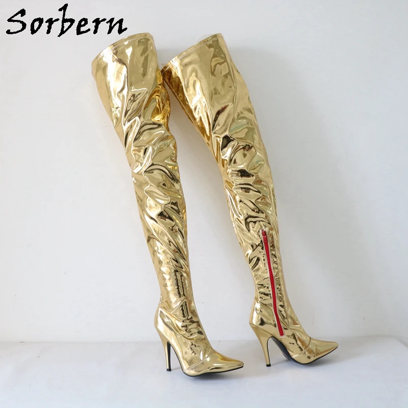 Sorbern Custom Metallic Gold Boots Women 12Cm Stilettos 73-82Cm Crotch Thigh High Pointy Toe Fetish Slim Or Wide Legs Drag Queen