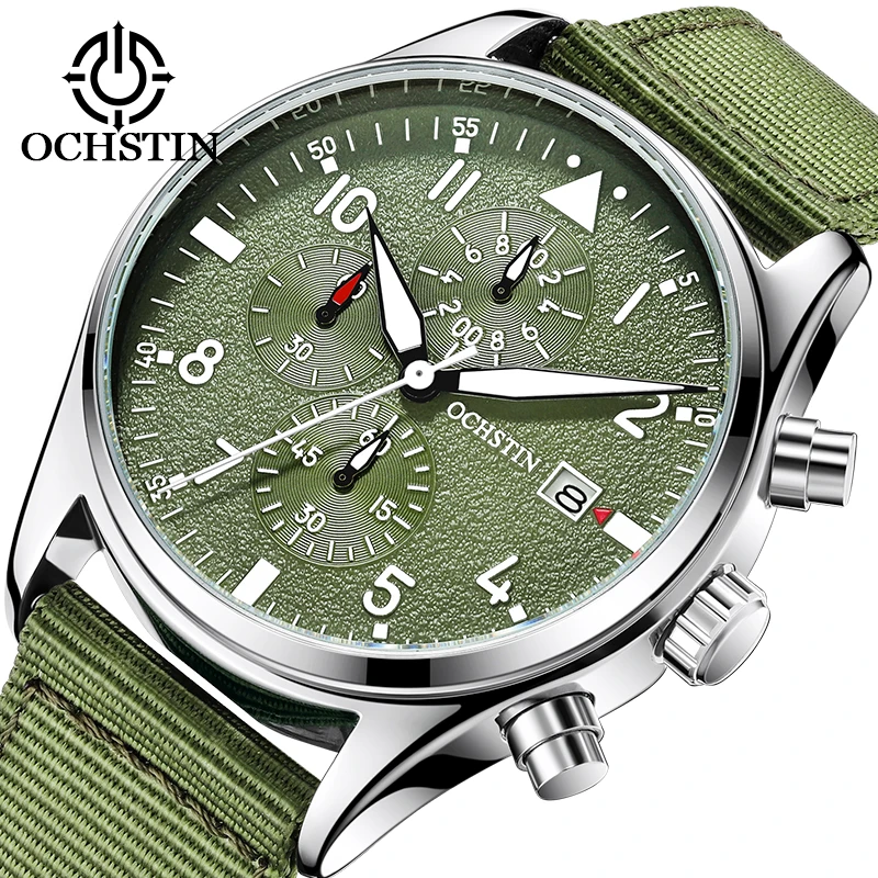 OCHSTIN Sports Men's Switzerland Top Brand Pilot Male Wristwatches Nylon Strap Waterproof Quartz Chronograph Army Military Clock