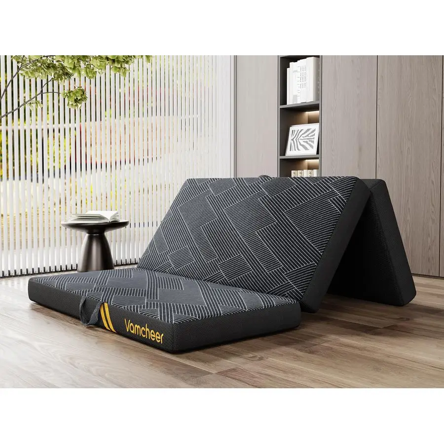 

Складной матрас двойного размера, 4-дюймовый складной матрас, тройной коврик из пены с эффектом памяти со складным и моющимся чехлом, ручка усилителя