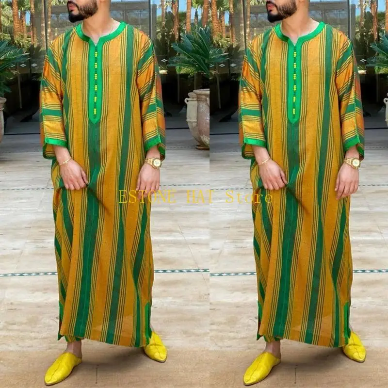 

49MF Muslim Men Jubba Thobe Long Sleeve Striped Breathable Robes Middle East Clothing Daily Casual Long Sleeve Robe