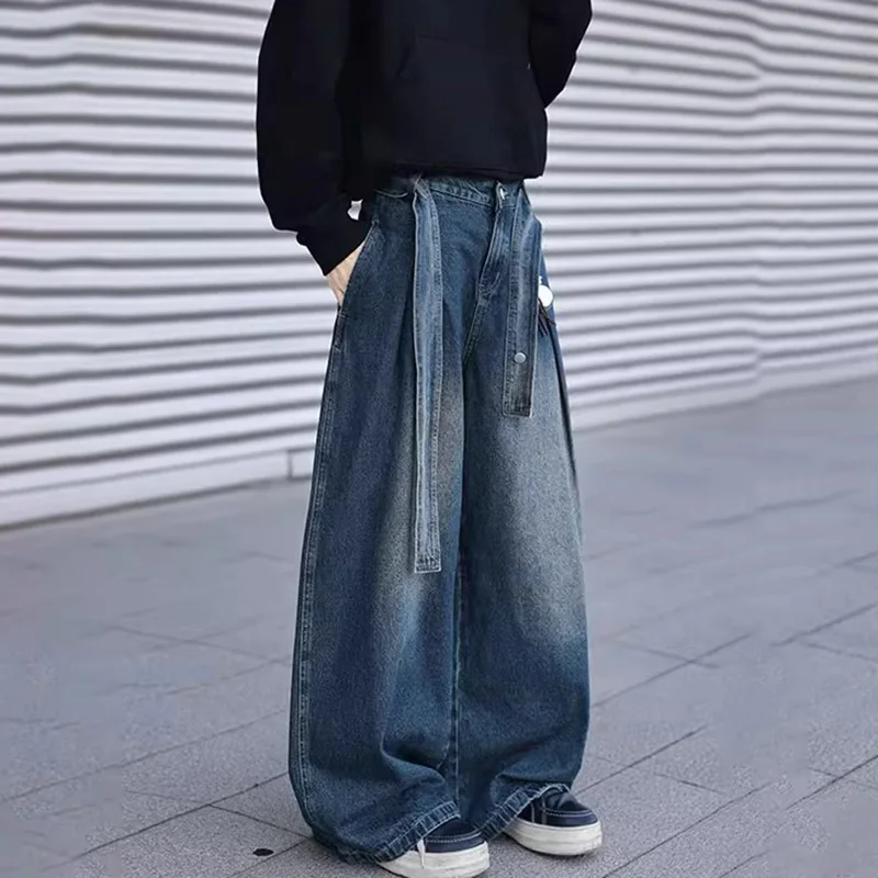 Korean Style Design Belt Jeans Men'S Casual Loose Retro Blue Straight Leg Pants High Street Wide Leg Pants