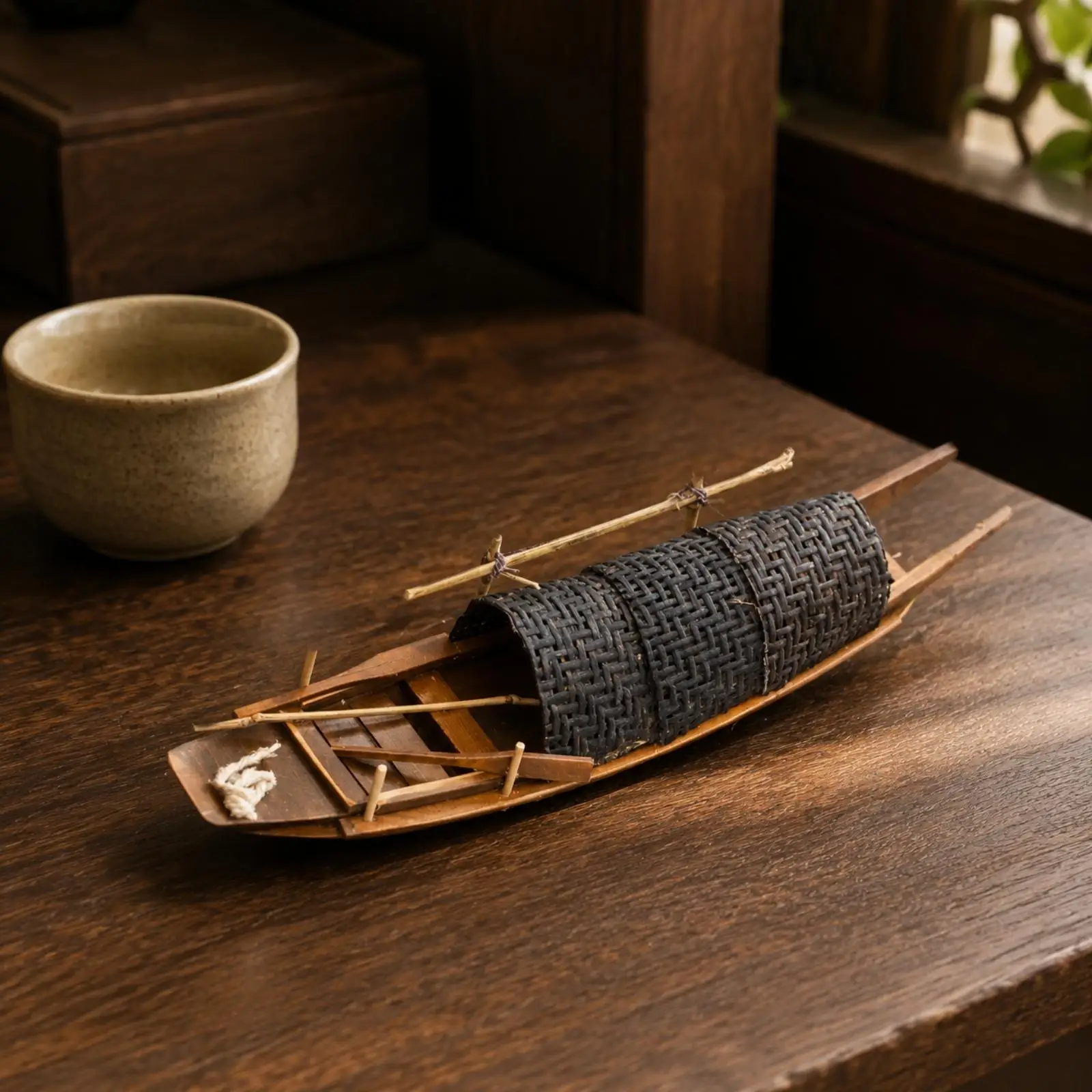 Fir Wood Boat Model Decorative Sculpture Chinese Style Watercraft Ornament Hand Carved Display Figurine for Desk Shelf Gift