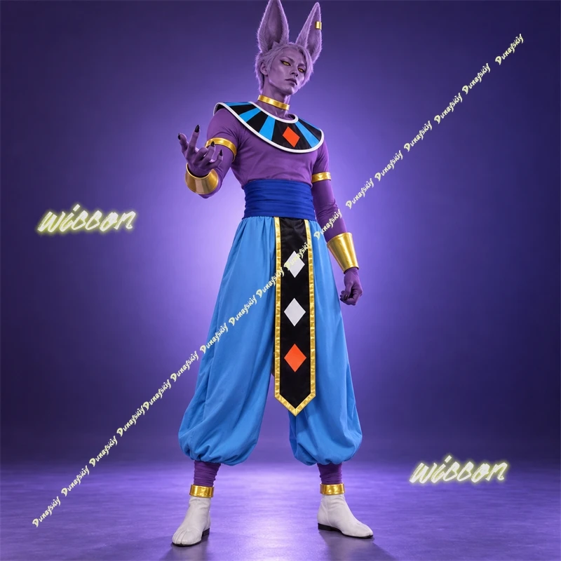 Disfraz de Beerus, personaje de anime, de la serie DRAGON, estilo canadiense, sin pelo, para cosplay, de estilo egipcio, con top morado y pantalones azules, uniforme retro, para fiestas de Halloween.