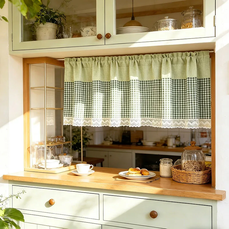1PC American Countryside Green Semi Shading Cafe Curtain Classic Plaid&Beige Crochet Lace Small Curtain For Living Room Kitchen