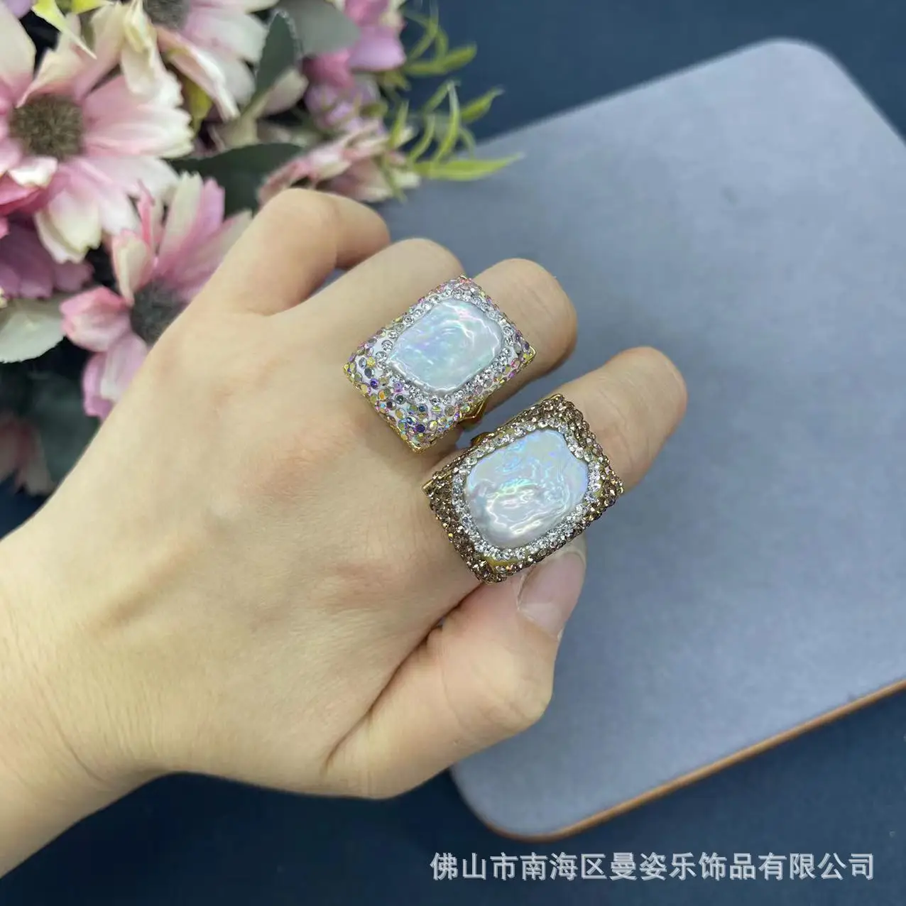 

Natural Baroque square pearl copper holder color retention, new Chinese vintage natural stone popular jewelry ring