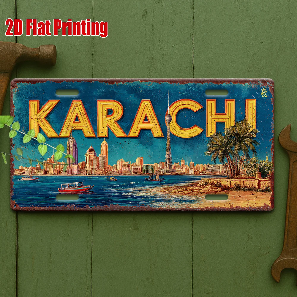 2D Flat, 1pc Karachi Cityscape Metal Sign, Outdoor Plaque & Wall Decor, Suitable for Rooms, Entryways, Literary Cafes