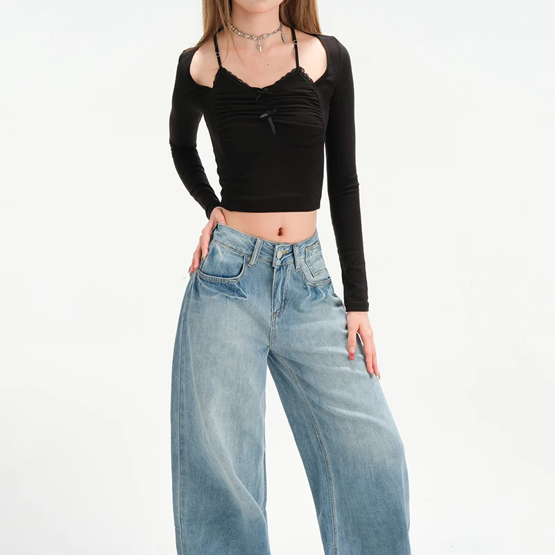 New Women'S Spring Summer Straight Leg Jeans Korean Fashionable Versatile Low Waist Slimming Loose Sagging Wide Leg Floor Pants