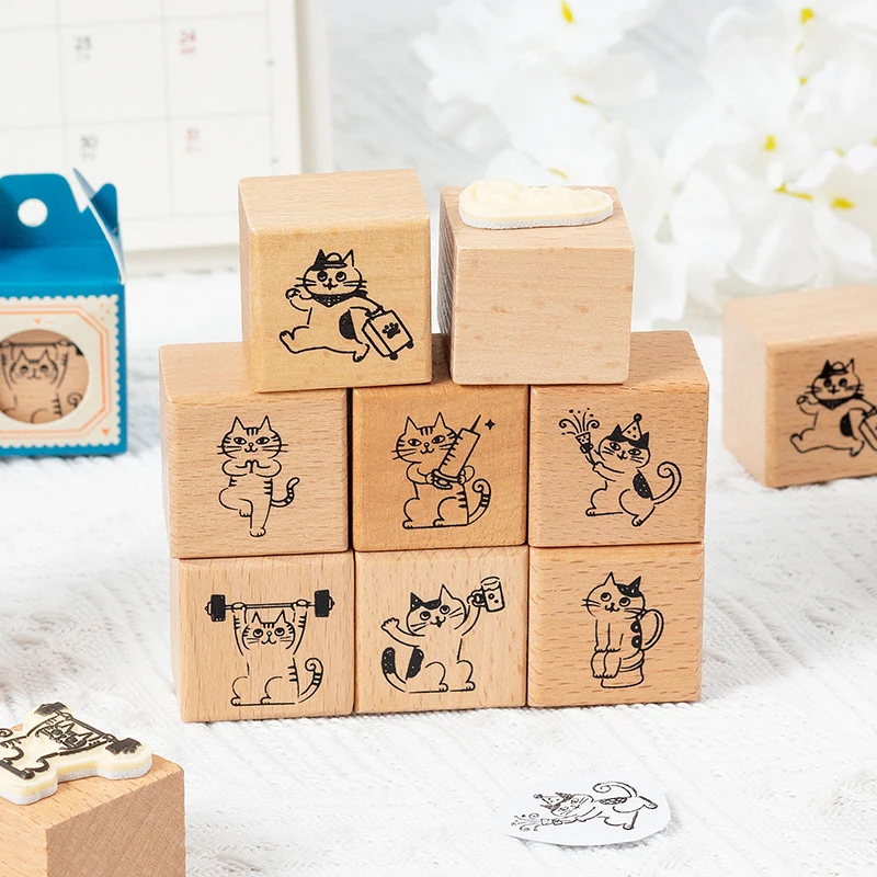 Stempel karet kayu Retro Kawaii lucu kartun kucing hitam kecil DIY dekorasi cap kreatif buku harian cap tangan segel hadiah