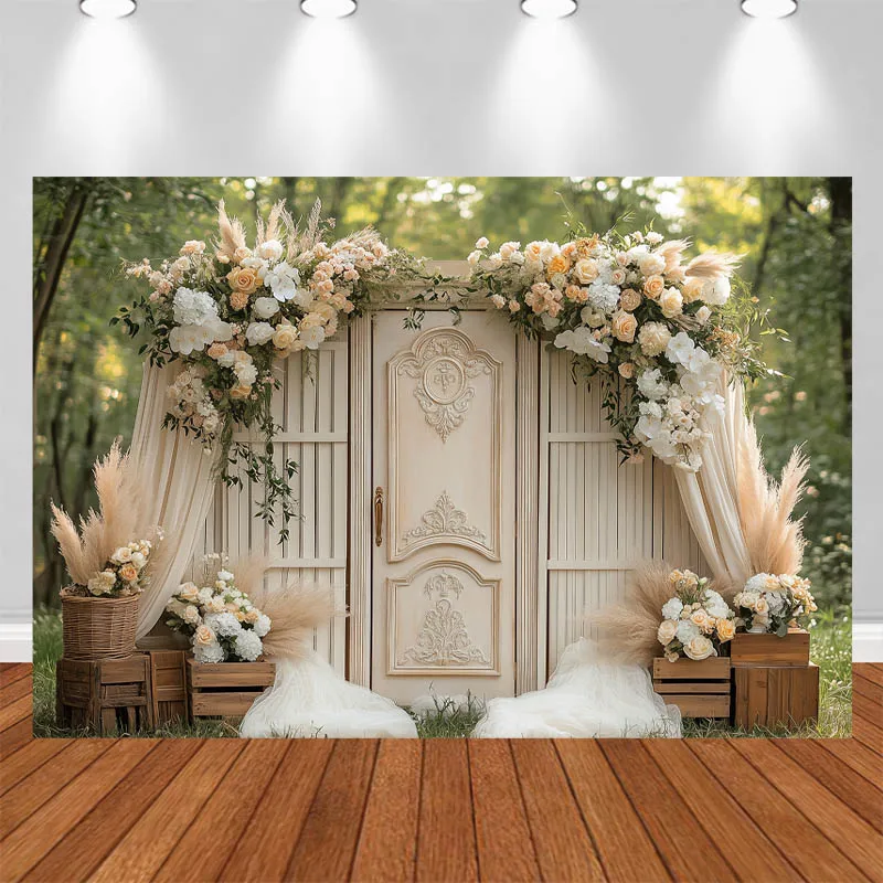 

LS Photography Background Wooden Door Floral Pampas Grass White Curtains Decor Wedding Adult Portrait Photo Backdrop Studio