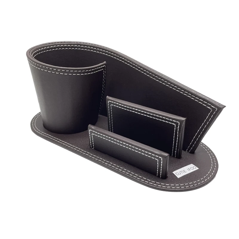 Desk Organizer Caddy Leather Pen Holder with Business Card Storage Stand for School, Office Supplies Collection Caddy