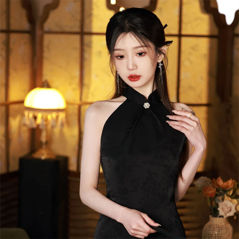 New Chinese Style Clothing Classic Improved Costume Elegant Cheongsam Jacquard Qipao Halter Sleeveless Slim Fit Dress for Women