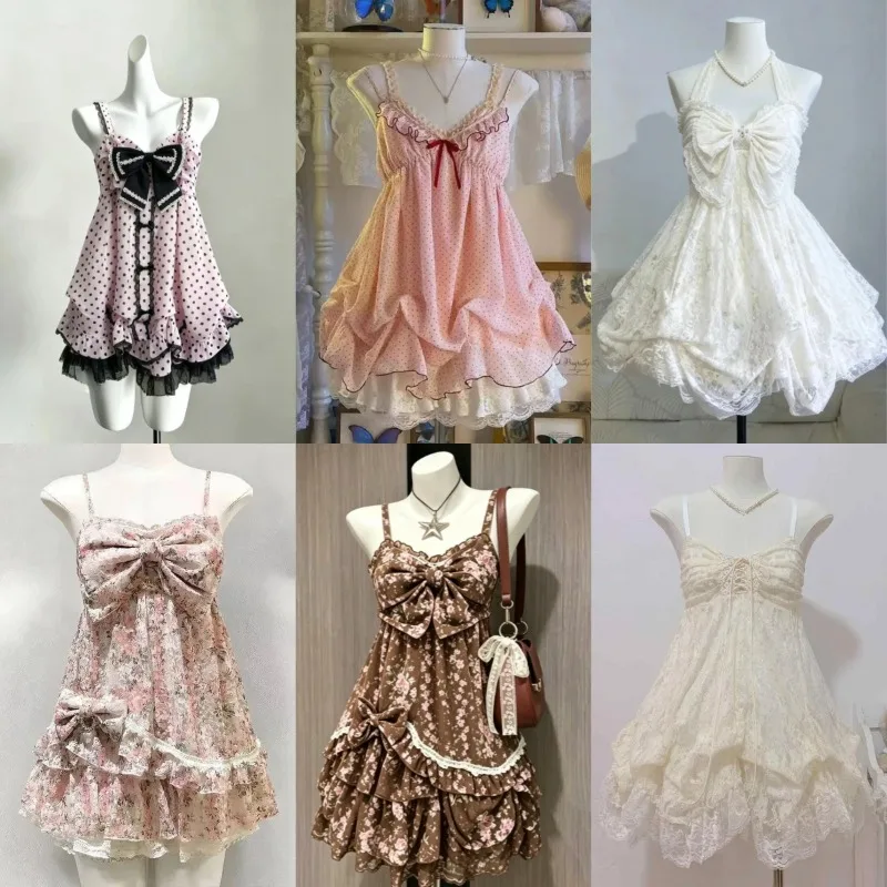 Vintage Französisches Elegantes Gothic Lolita Hochgeschnittenes Minikleid Y2K Schleife Rüschen Spitze Damen Sommer Abendparty Outfit 2026 Trend Neu