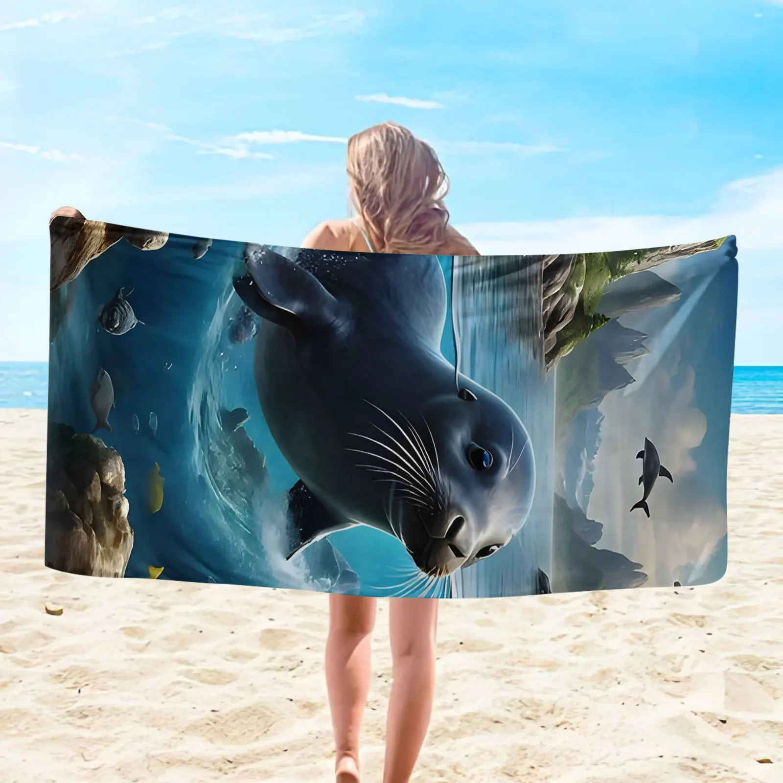 La toalla de playa Seal Print es una toalla de microfibra grande, suave, absorbente y protectora solar que es el ideal accesorio de verano.