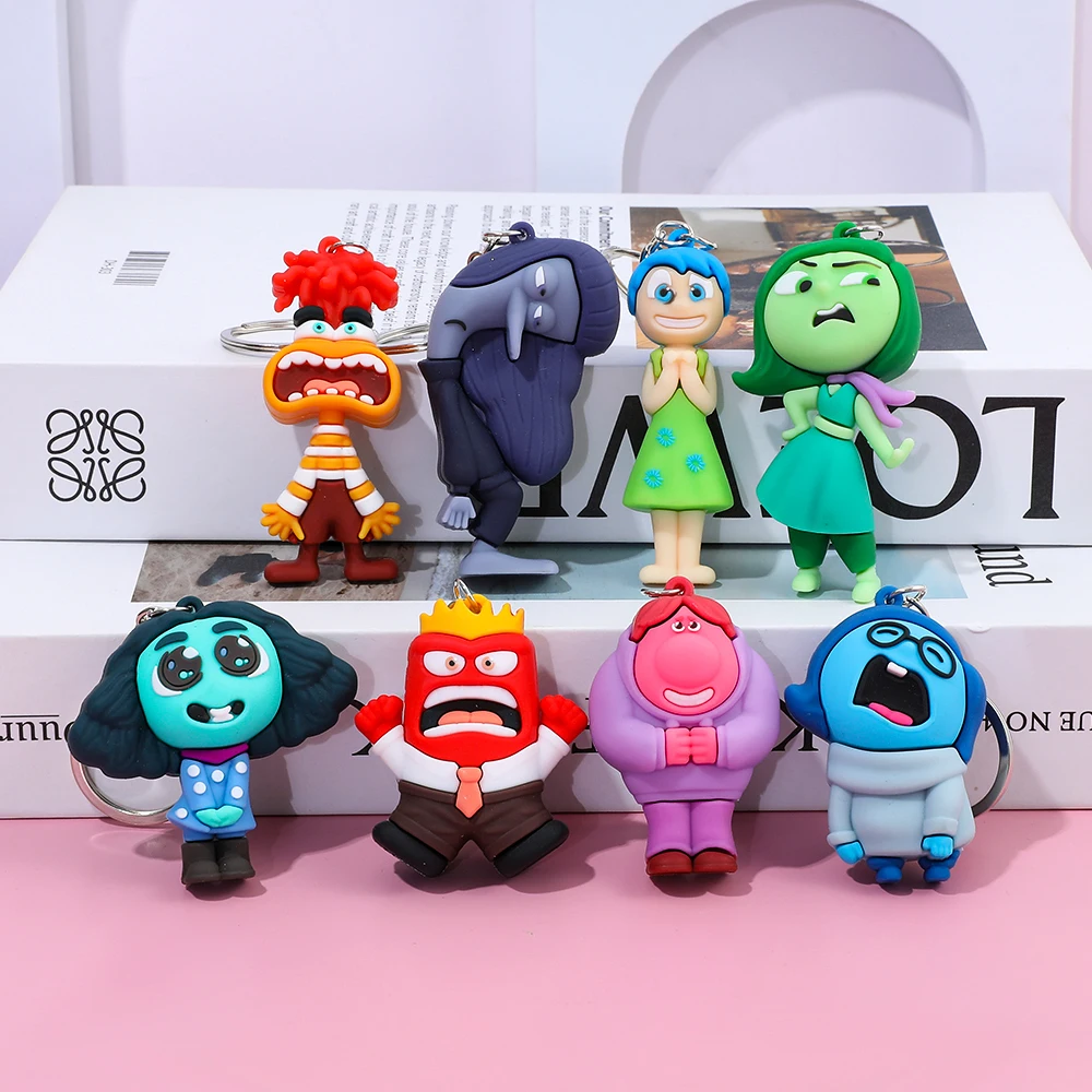 8PCS Disney Inside Out 2 Keychains Cartoon Sadness Anger Disgust Fear Action Figures Dolls Key Rings Kawaii Bags Pendants Kids
