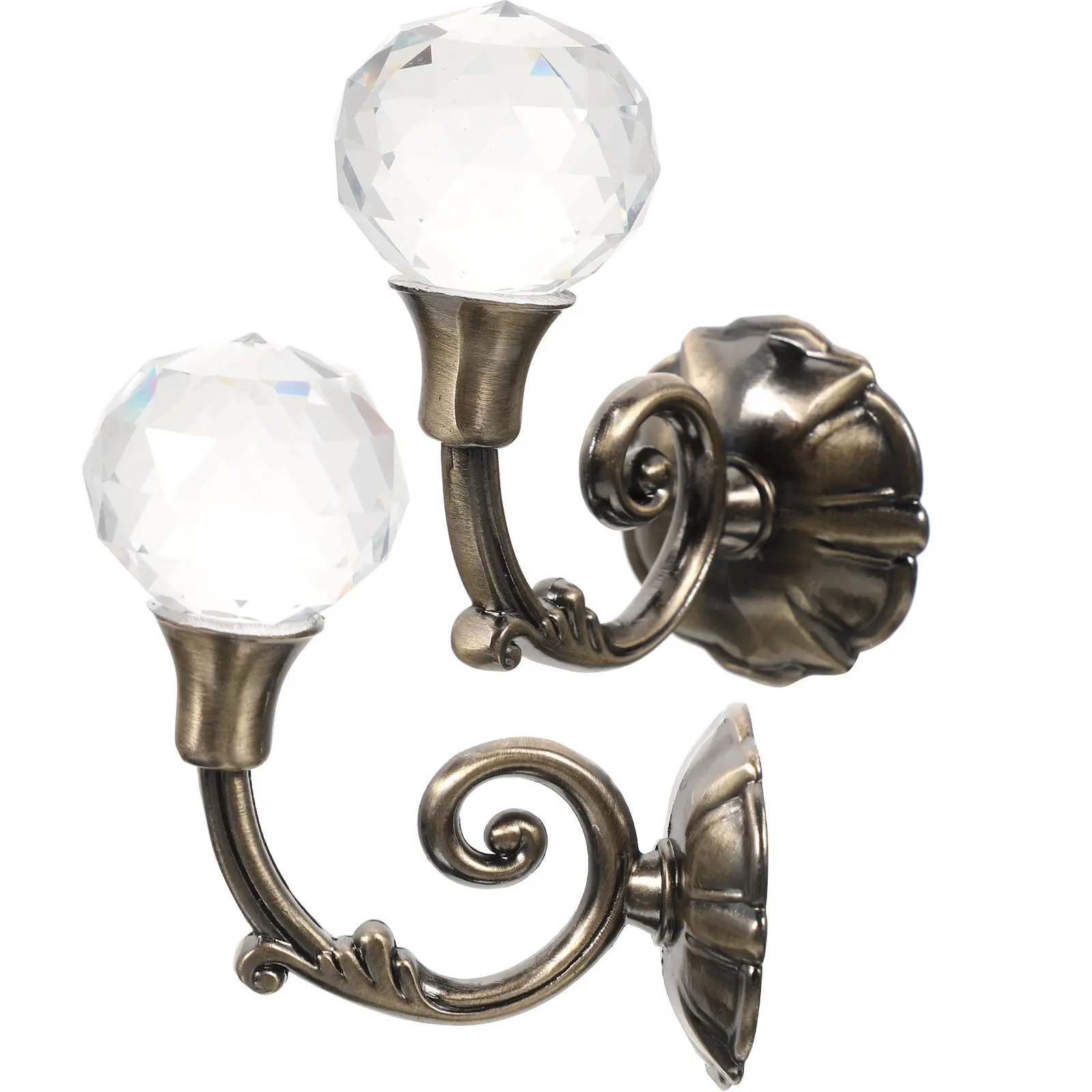 Pair Vintage Curtain Holdbacks Crystal Ball Drapery Hooks Brass Clothes Hook Classic Elegant Wall Decoration
