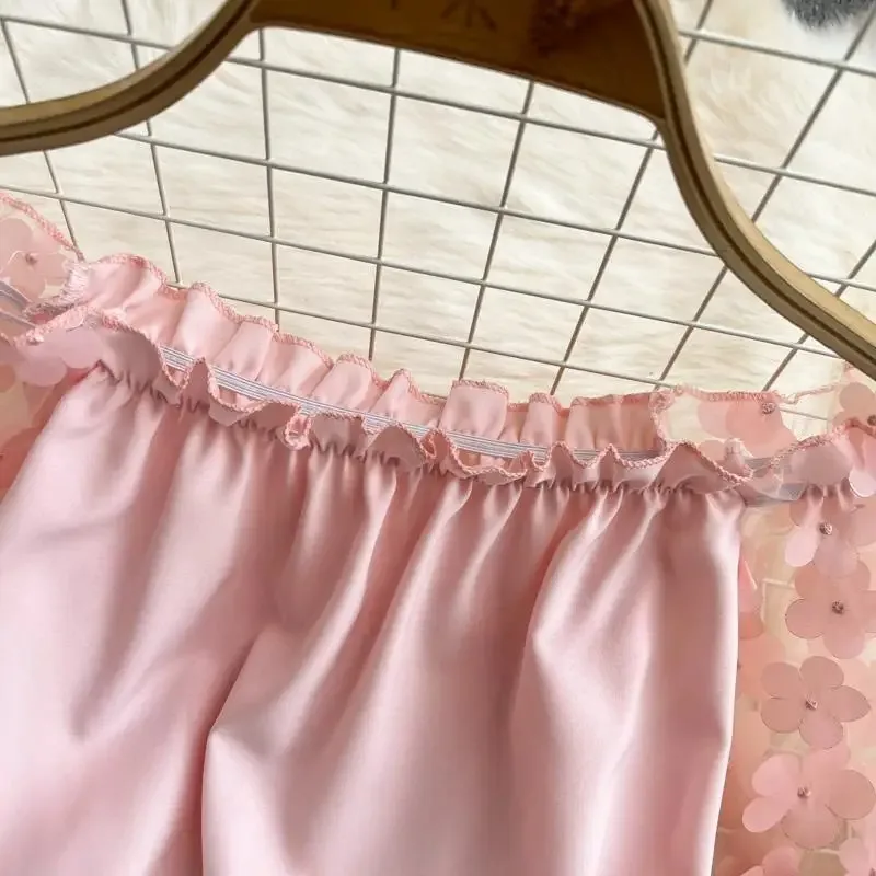 Women Blouse Flower Mesh Pleated Neckline Fashion Shirt Spring Summer French Chic Retro Shirts Ladies Back Zipper Gothic Top