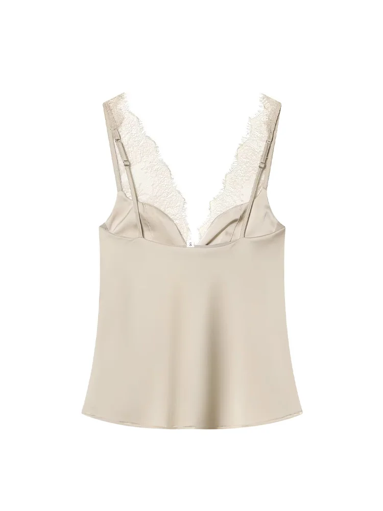 

Женский модный топ с кружевной отделкой, однотонный, короткий, летний, сексуальный, без рукавов, с открытой спиной, V-образным вырезом, боковой молнией, атласной текстурой, 3 цвета