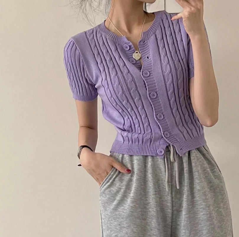 Knitted Sweater Sueters Mujer Green Short Sleeve Cropped Cardigan Vintage Slim Tops Twists Sweaters Women Y2k Clothes