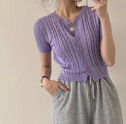 Knitted Sweater Sueters Mujer Green Short Sleeve Cropped Cardigan Vintage Slim Tops  Twists Sweaters Women Y2k Clothes